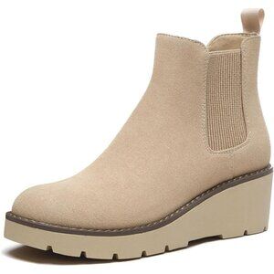 Athlefit Women Nude Chelsea Wedge Platform Slip on Lug Sole Elastic Ankle Boot